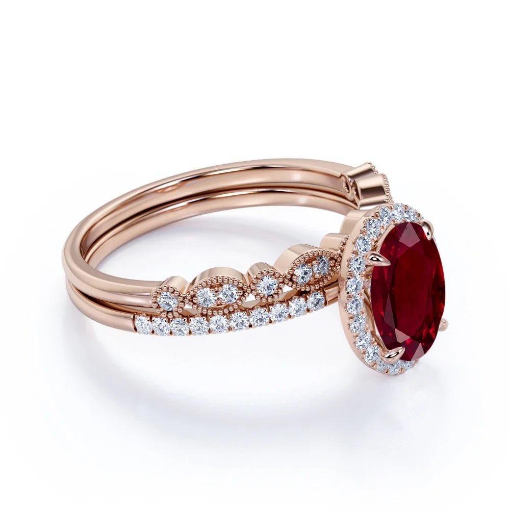 18k Rose Gold over Silver Oval Ruby Bridal Ring Set O123384