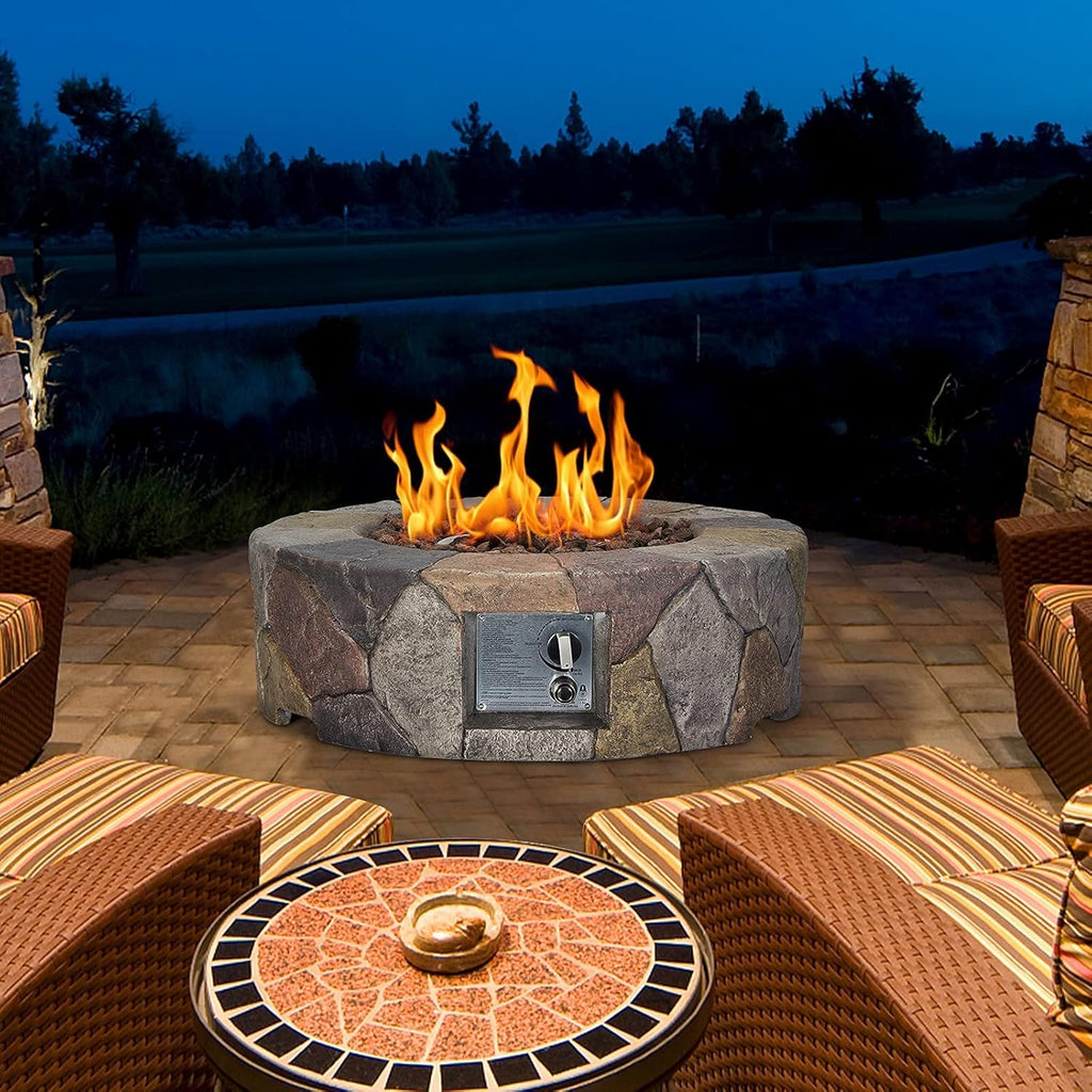 Cyan & Grey 28 Inch Round Gas Fire Pit Table with Lava Rocks Y77848
