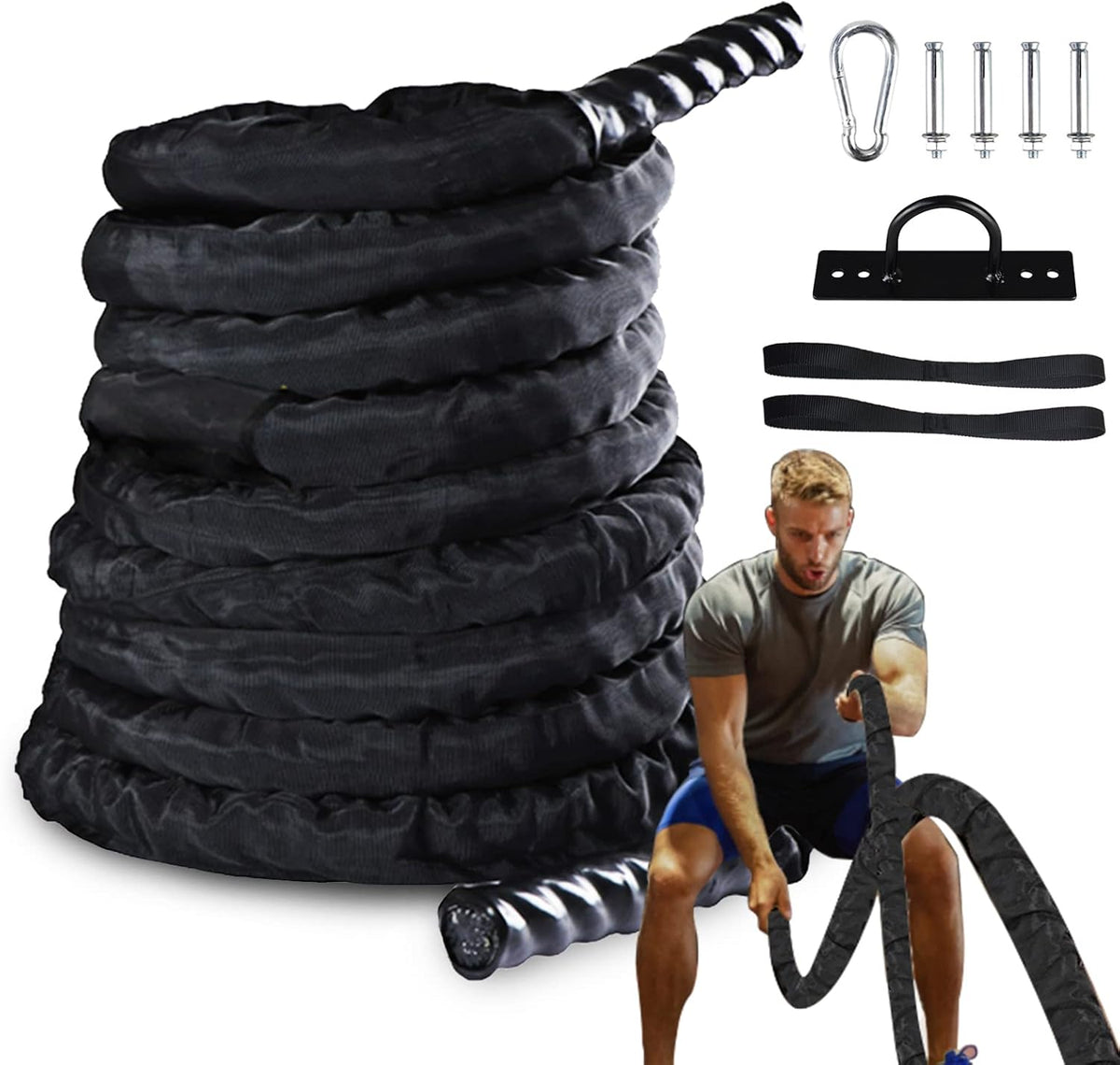 Heavy Battle Rope with Anchor Strap and Wall Mount Bracket Kit, Pack of 2 T568957