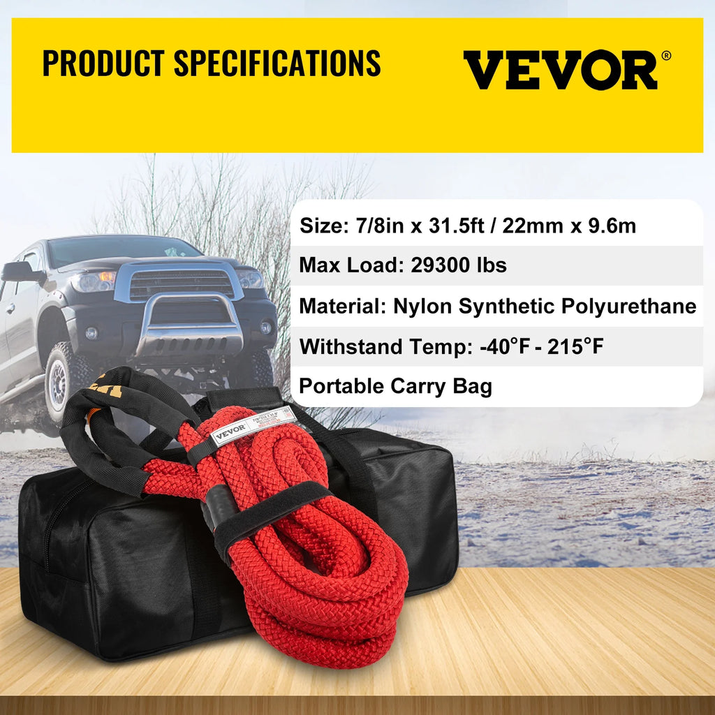 Recovery Tow Rope, 29,300 lbs, Heavy Duty Nylon Double Braided Kinetic Energy Rope with Loops and Protective Sleeves, Red A422655