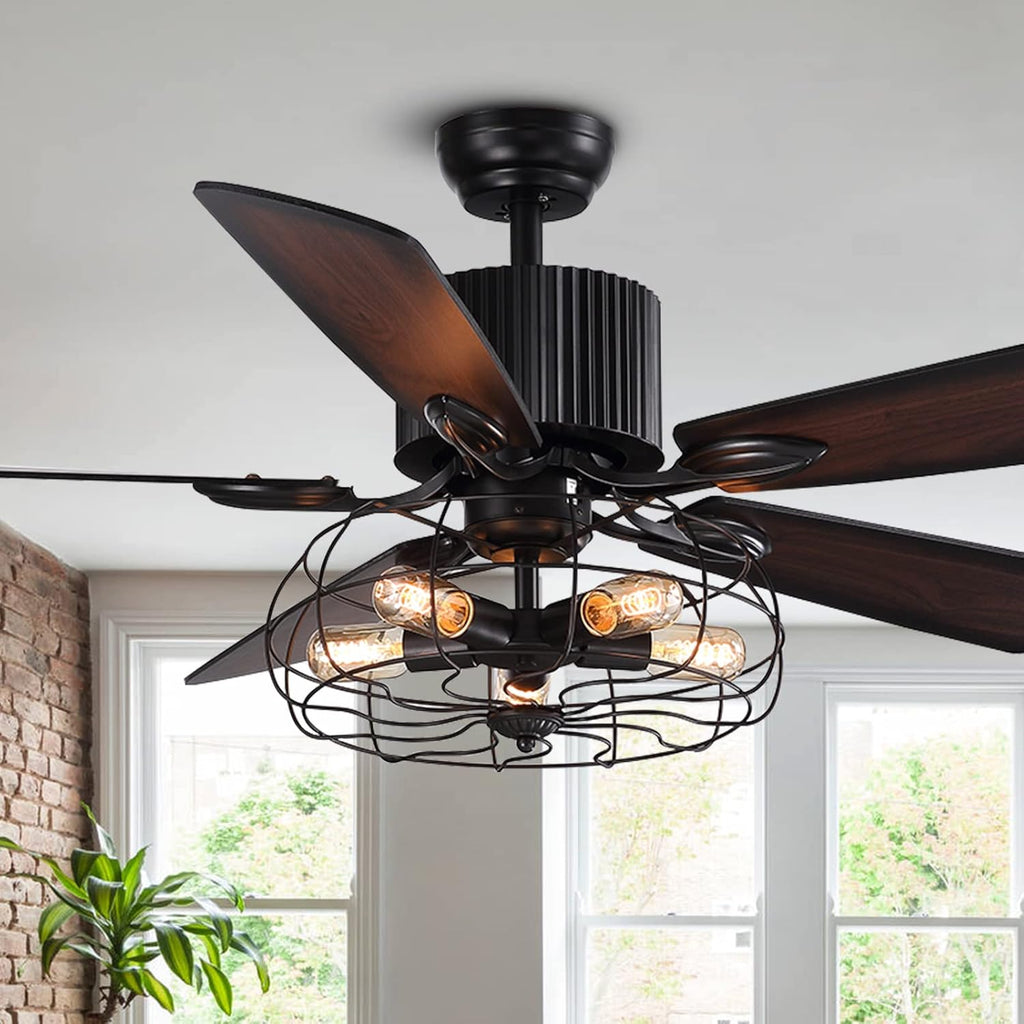 52" Vintage Industrial Ceiling Fan with Light Remote, 5 Reversible Blades Black Cage Q490