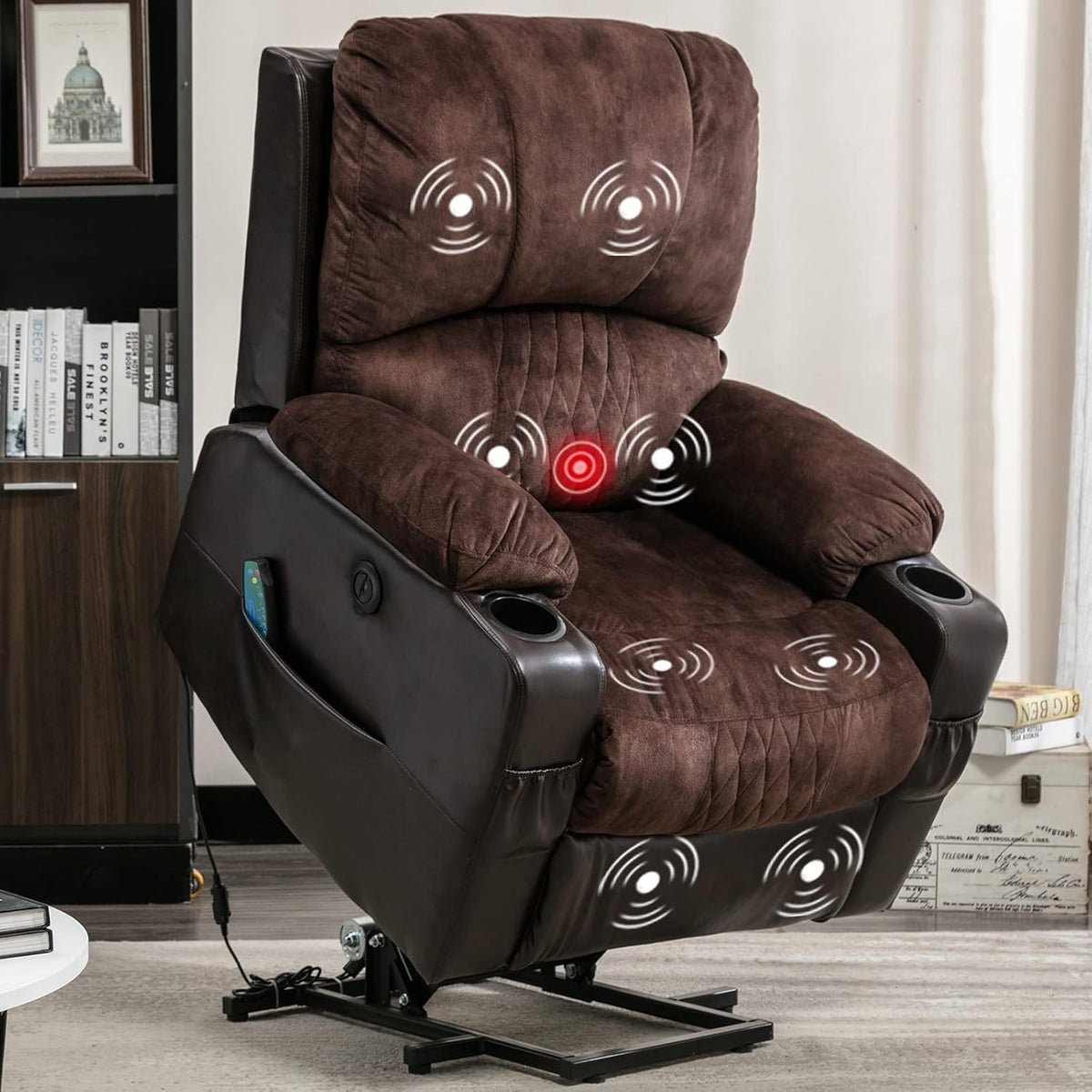 Grey Power Lift Recliner Chair with Heated and Vibration Massage, USB Port, 2 Cup Holders J41517