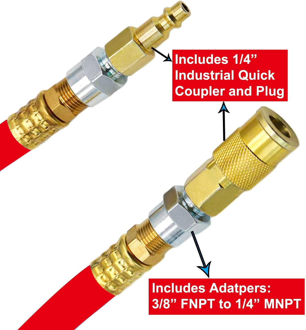 Hybrid Air Hose 1/2-Inch I.D. by 25-Feet Long Solid Brass Fitting 300 PSI with 3/8" and 1/4" Industrial Quick Coupler Connectors, Red Pack of 2 L27317