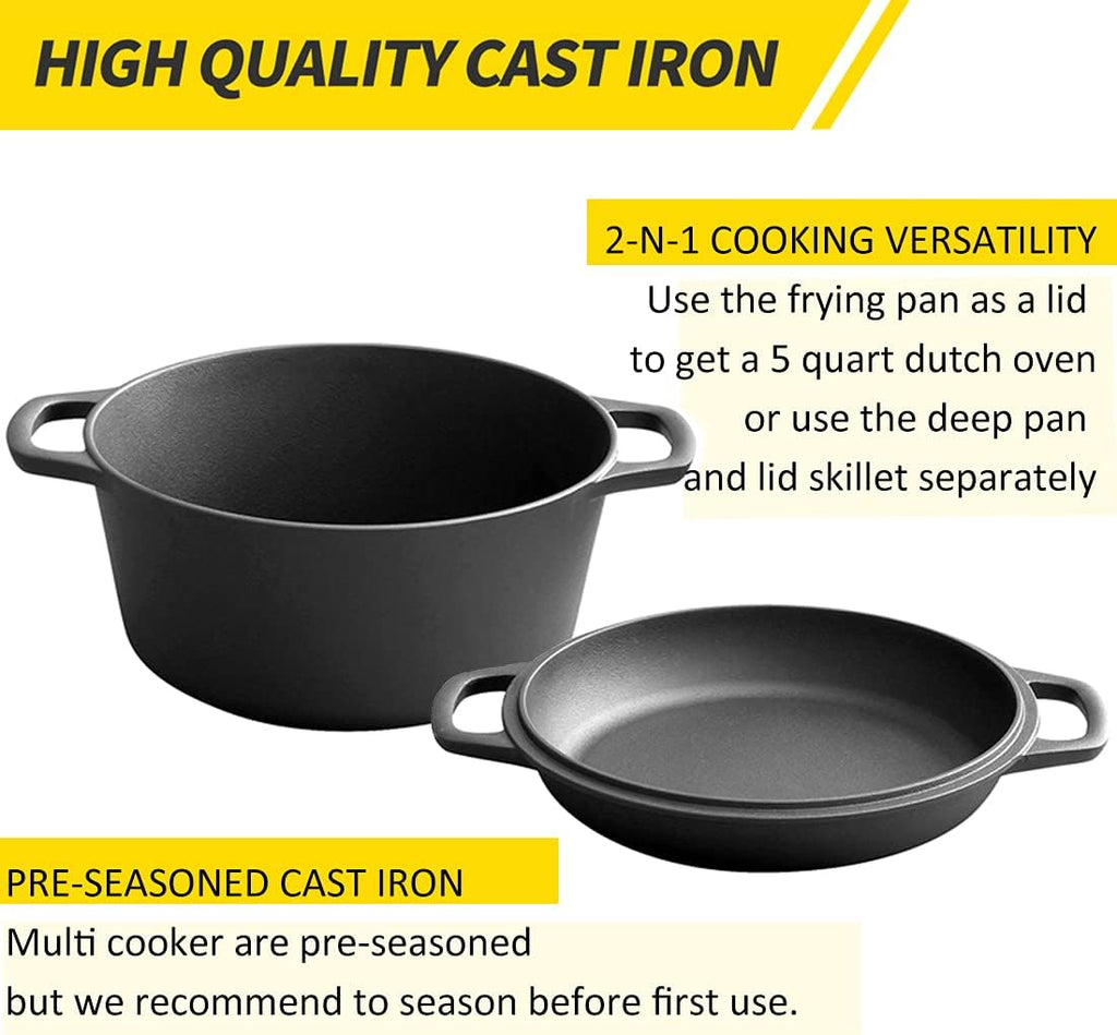 2-In-1 Pre-Seasoned Cast Iron Dutch Oven Set, 5-Quart Pack of 2 I98823
