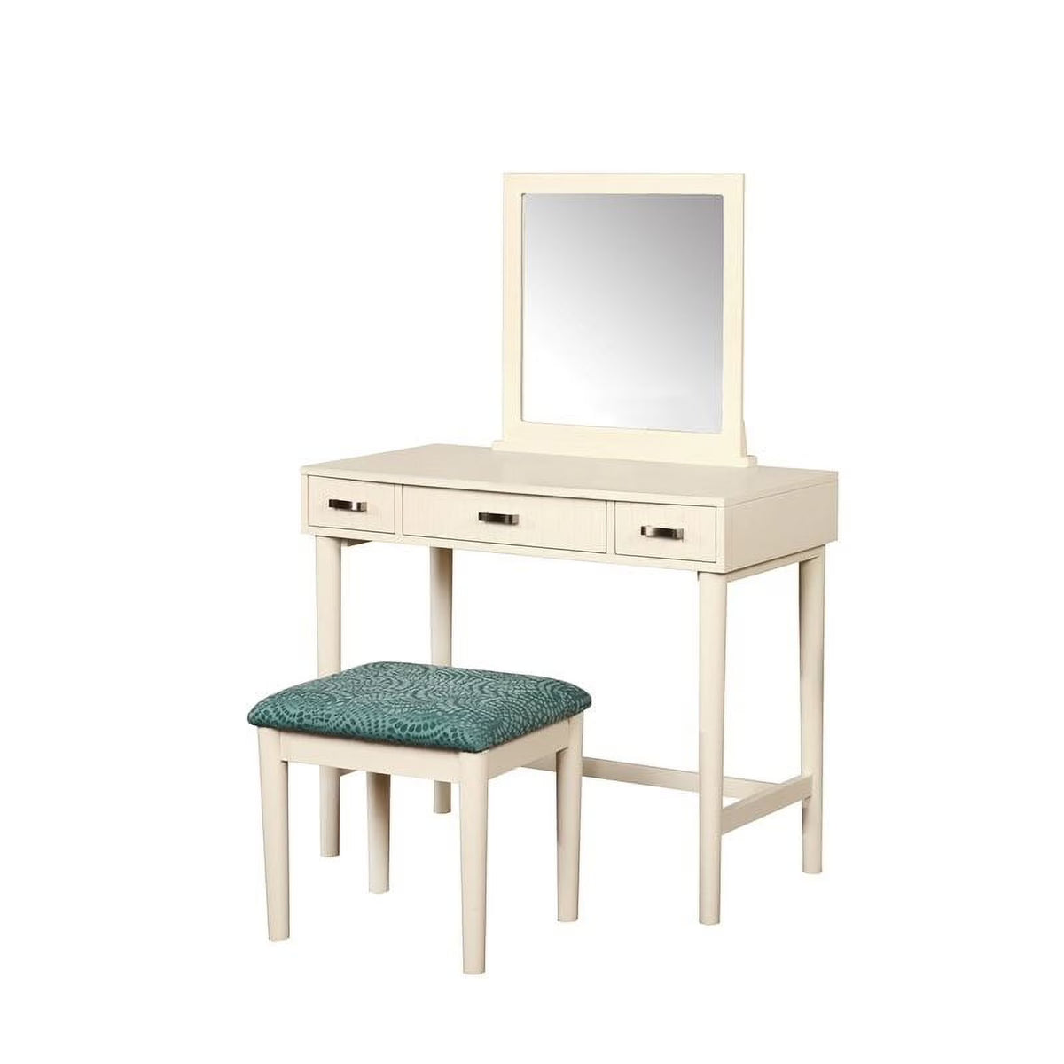 Off-White 3-Drawer Vanity Set with Green Swirl Upholstered Stool P625651