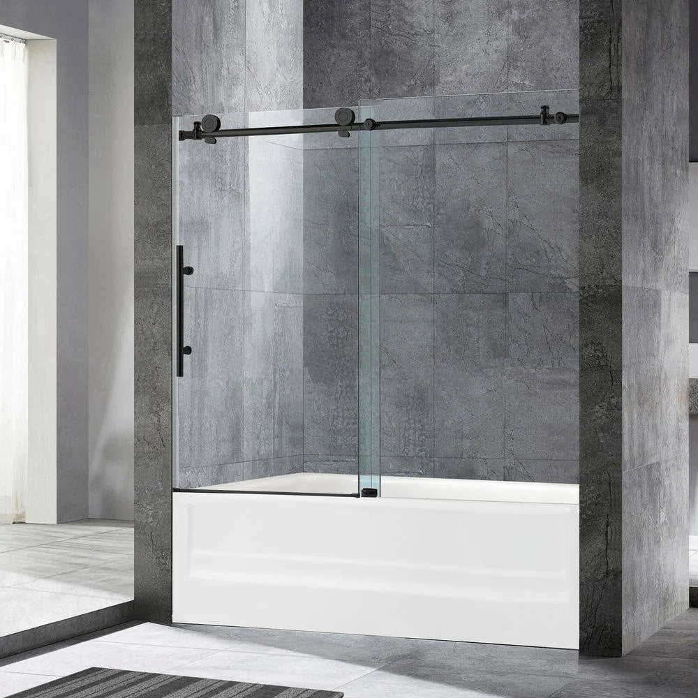 Frameless Sliding Bathtub Door with Shatter Retention Glass in Matte Black H9754