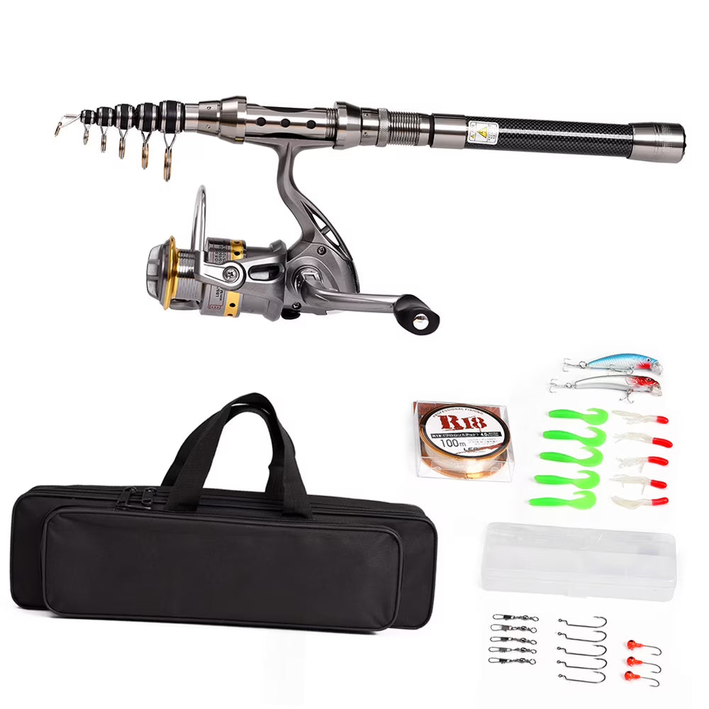 Telescopic Spinning Fishing Rod and Reel Combo Kit with Carrier Bag T119959