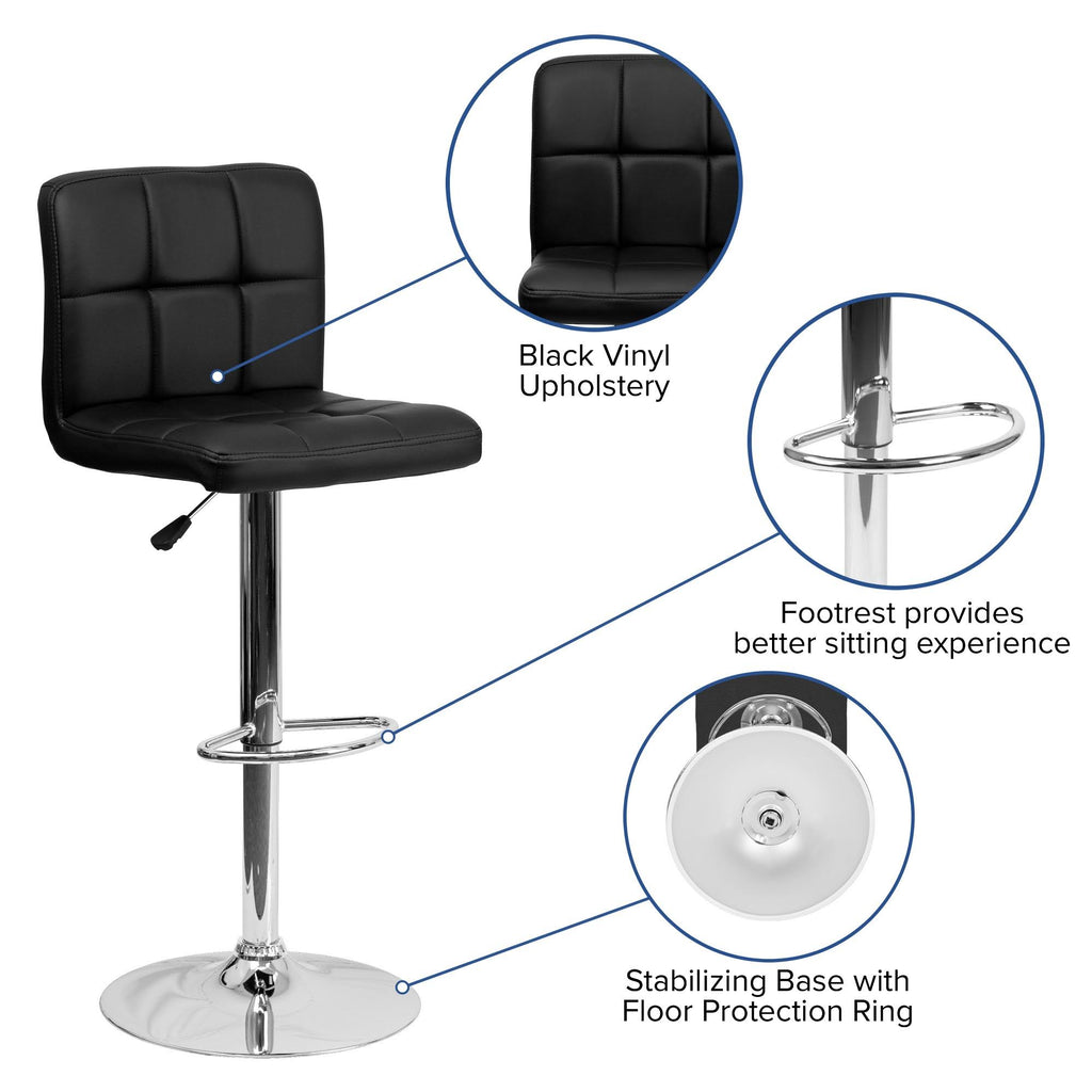 Black Quilted Vinyl Adjustable Height Barstool with Chrome Base D2765
