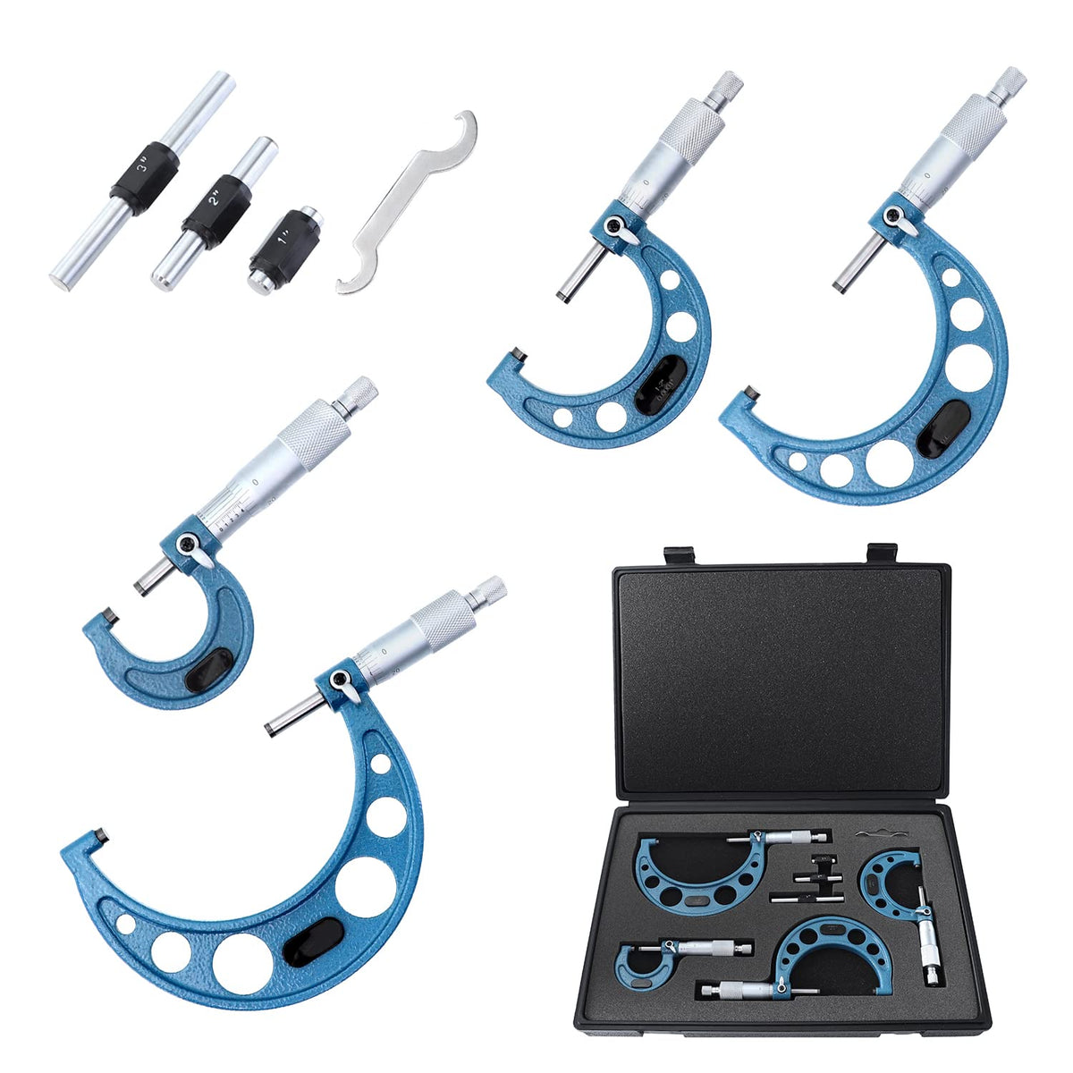 Outside Micrometer Set 0-4inch Range 0.0001" Graduation with Standards, Ratchet Stop, Carbide Heads 4Pcs K983