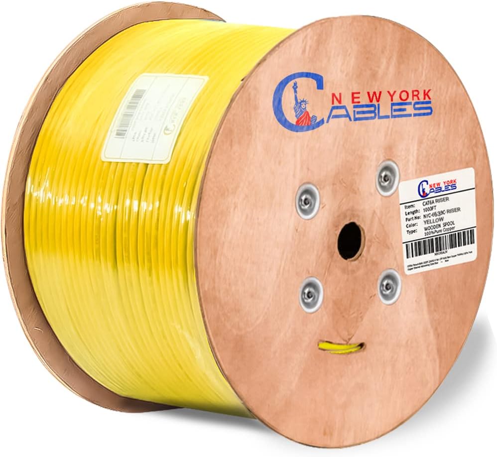 Cat6a Riser Bulk Ethernet Cable 1000ft CMR Rated Spool Solid Bare Copper 23AWG UTP Black B7262