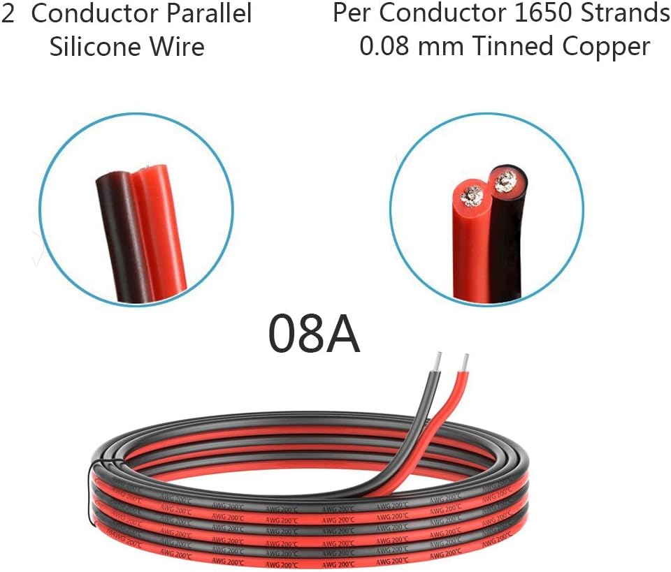8 Gauge Silicone 2 Conductor Parallel Cable, 33ft, Red Black J408019