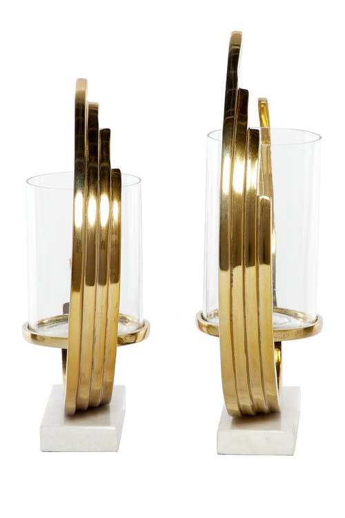 Set of 2 Gold-Tone Metal Candle Holders with Marble Bases J48962