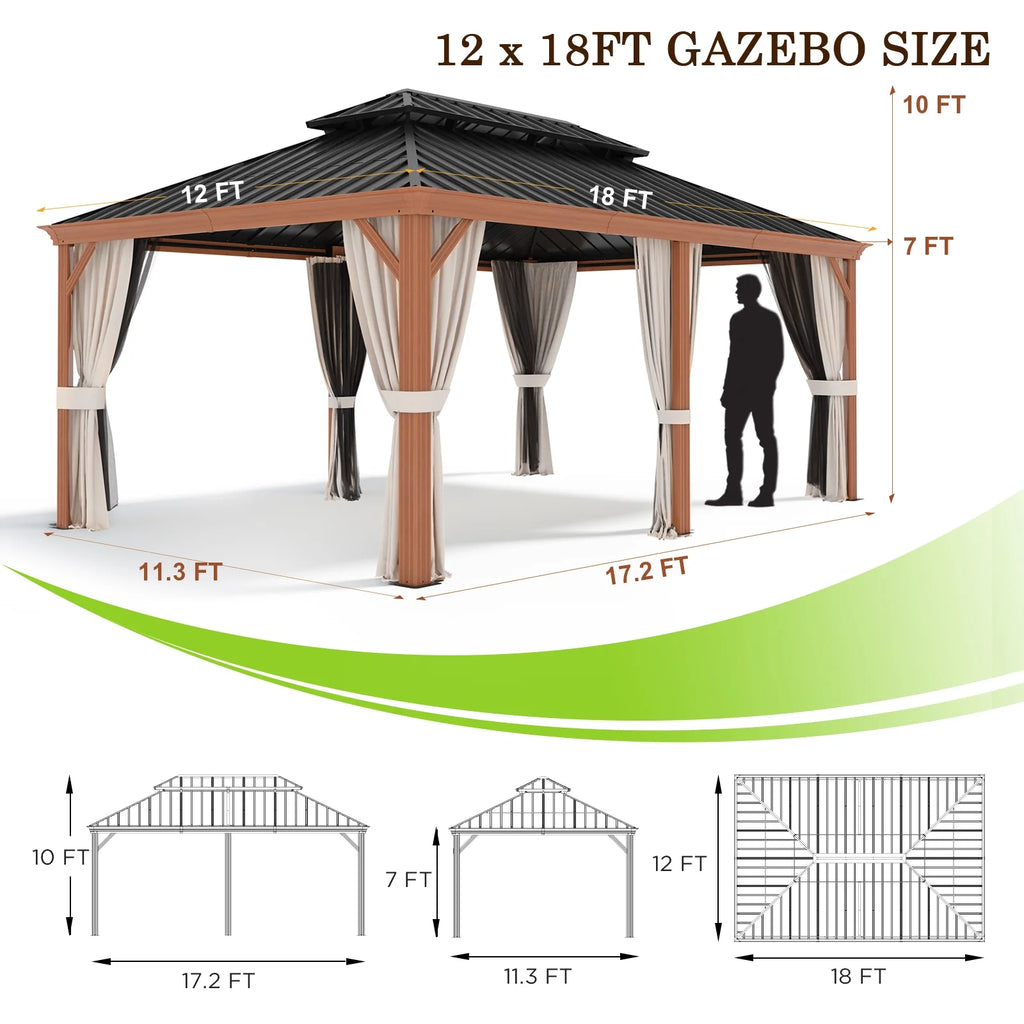 12x18 FT Hardtop Gazebo with Textilene Nettings and Curtains N674