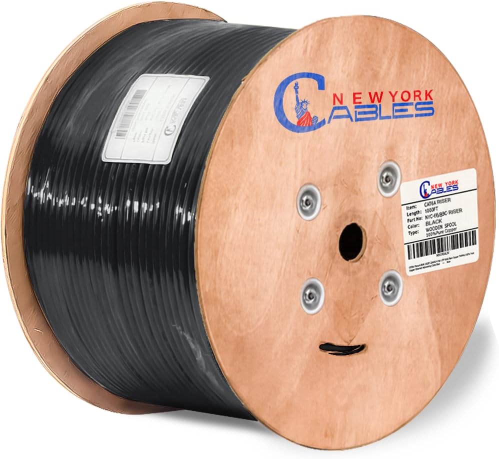 Cat6a Riser Bulk Ethernet Cable 1000ft CMR Rated Spool Solid Bare Copper 23AWG UTP Black B7262