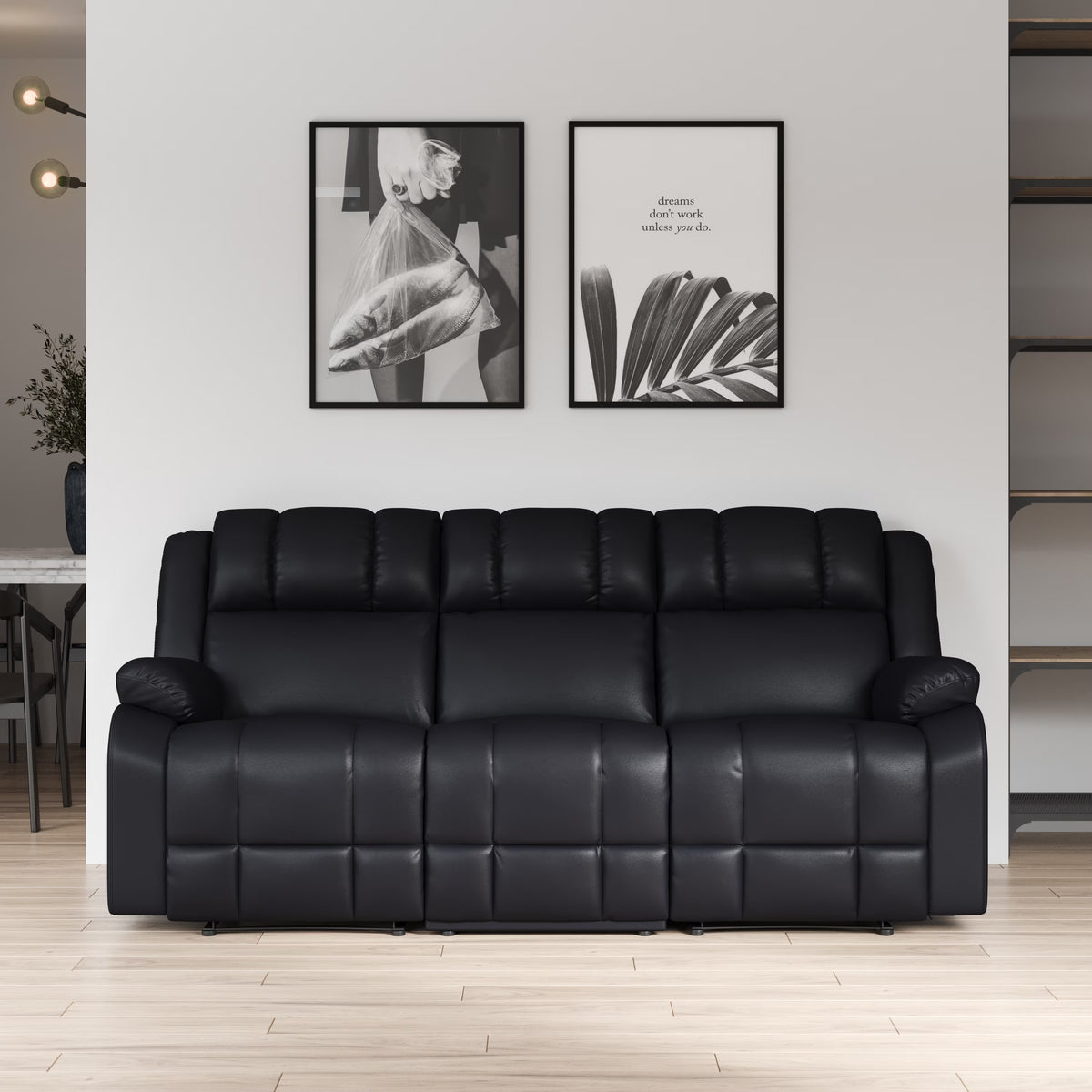 Caviar Black Faux Leather Reclining Sofa P317
