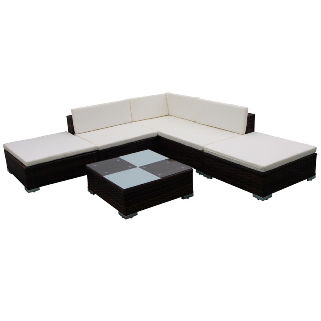 6 Pieces Poly Rattan Garden Lounge Set with 3 Sofas 2 Ottomans 1 Tea Table 9 Cushions N722