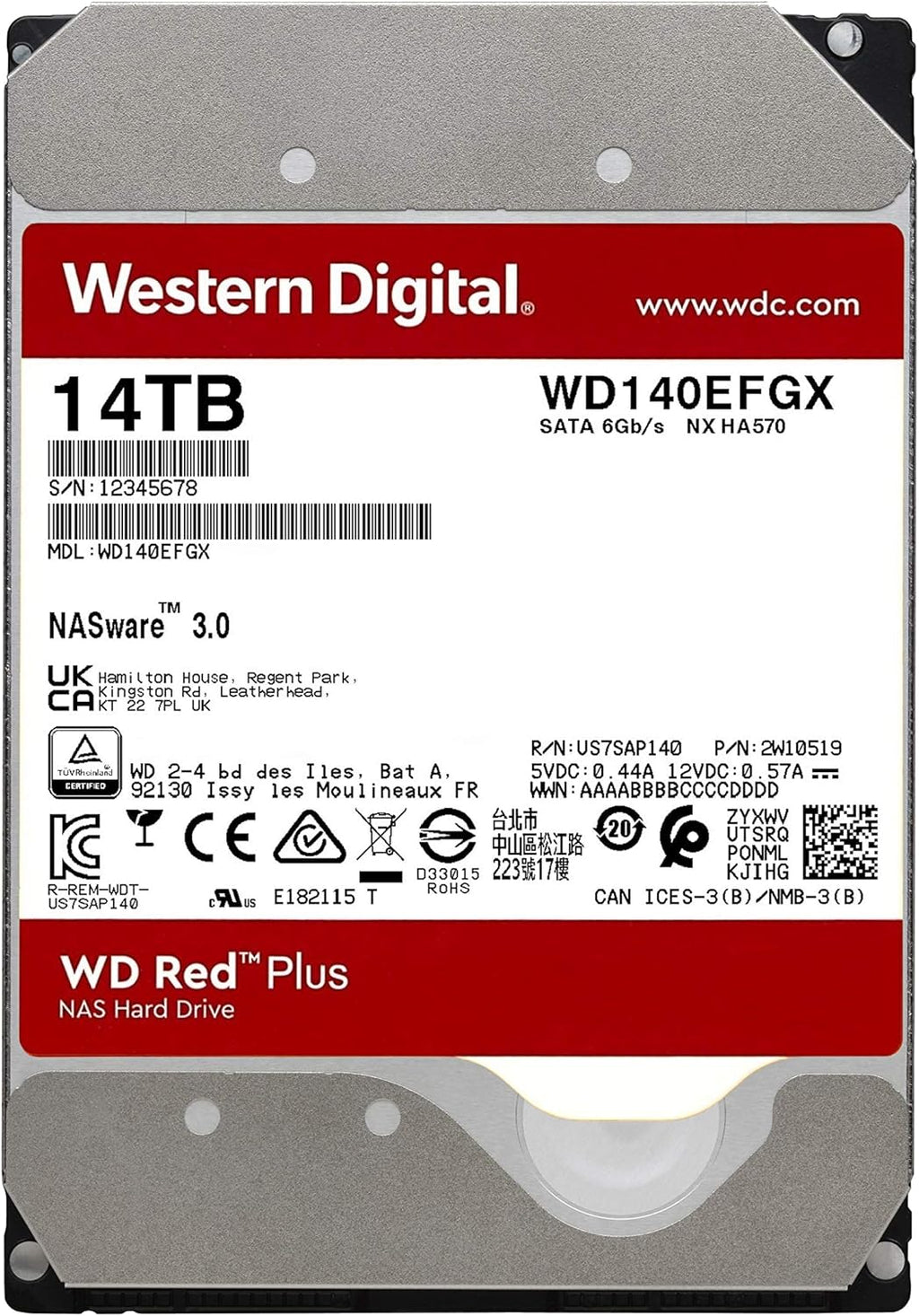 6TB WD Red Plus NAS Internal Hard Drive HDD - 5640 RPM, SATA 6 Gb/s, CMR, 128 MB Cache, 3.5 W2742