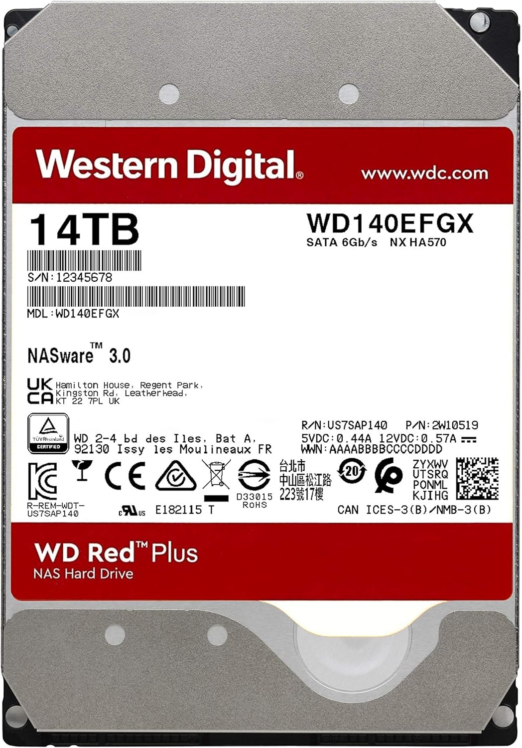 6TB WD Red Plus NAS Internal Hard Drive HDD - 5640 RPM, SATA 6 Gb/s, CMR, 128 MB Cache, 3.5 W2742