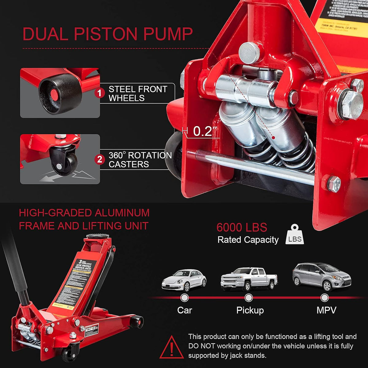 3 Ton Hydraulic Steel Floor Jack with Dual Piston Quick Lift Pump J933