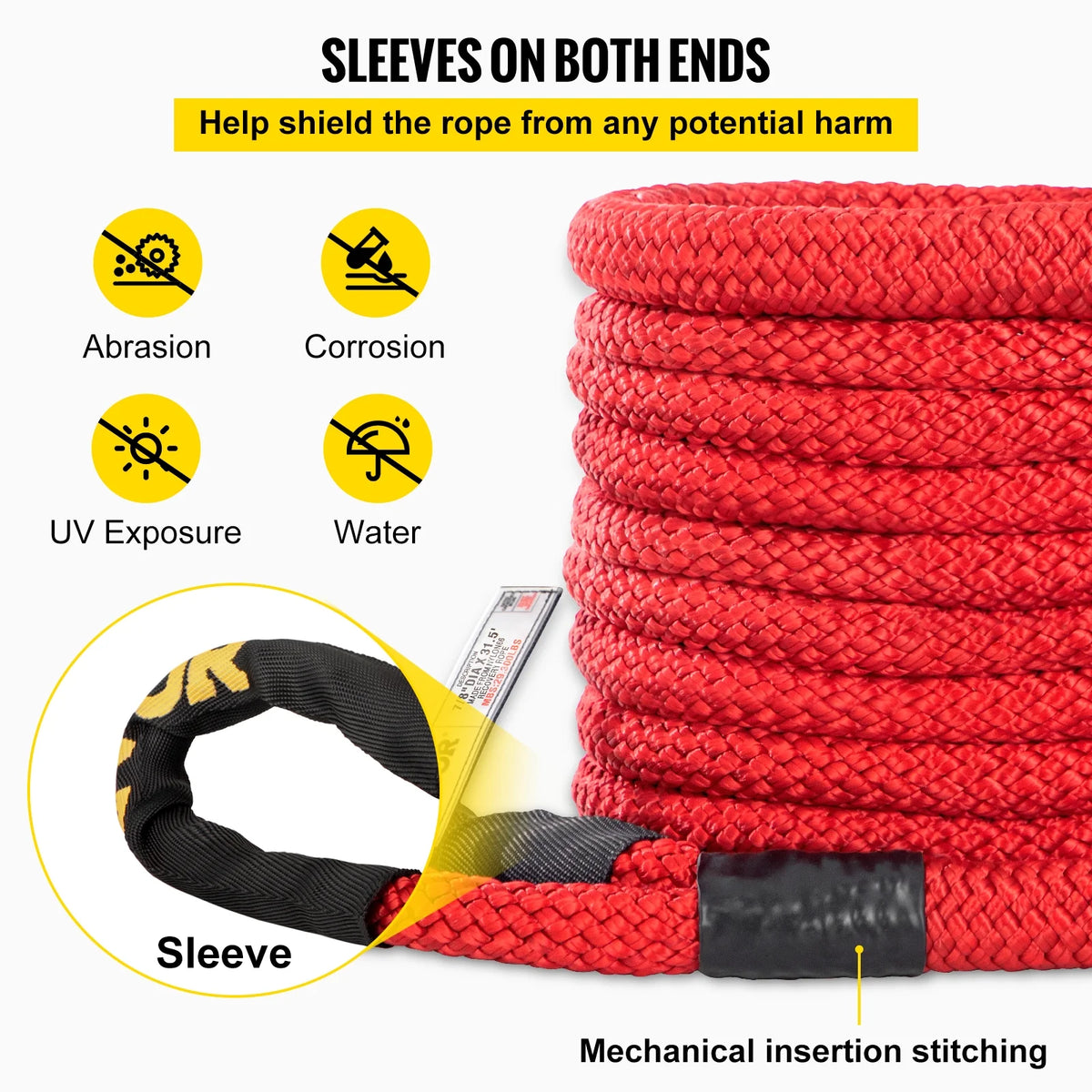 Recovery Tow Rope, 29,300 lbs, Heavy Duty Nylon Double Braided Kinetic Energy Rope with Loops and Protective Sleeves, Red A422655