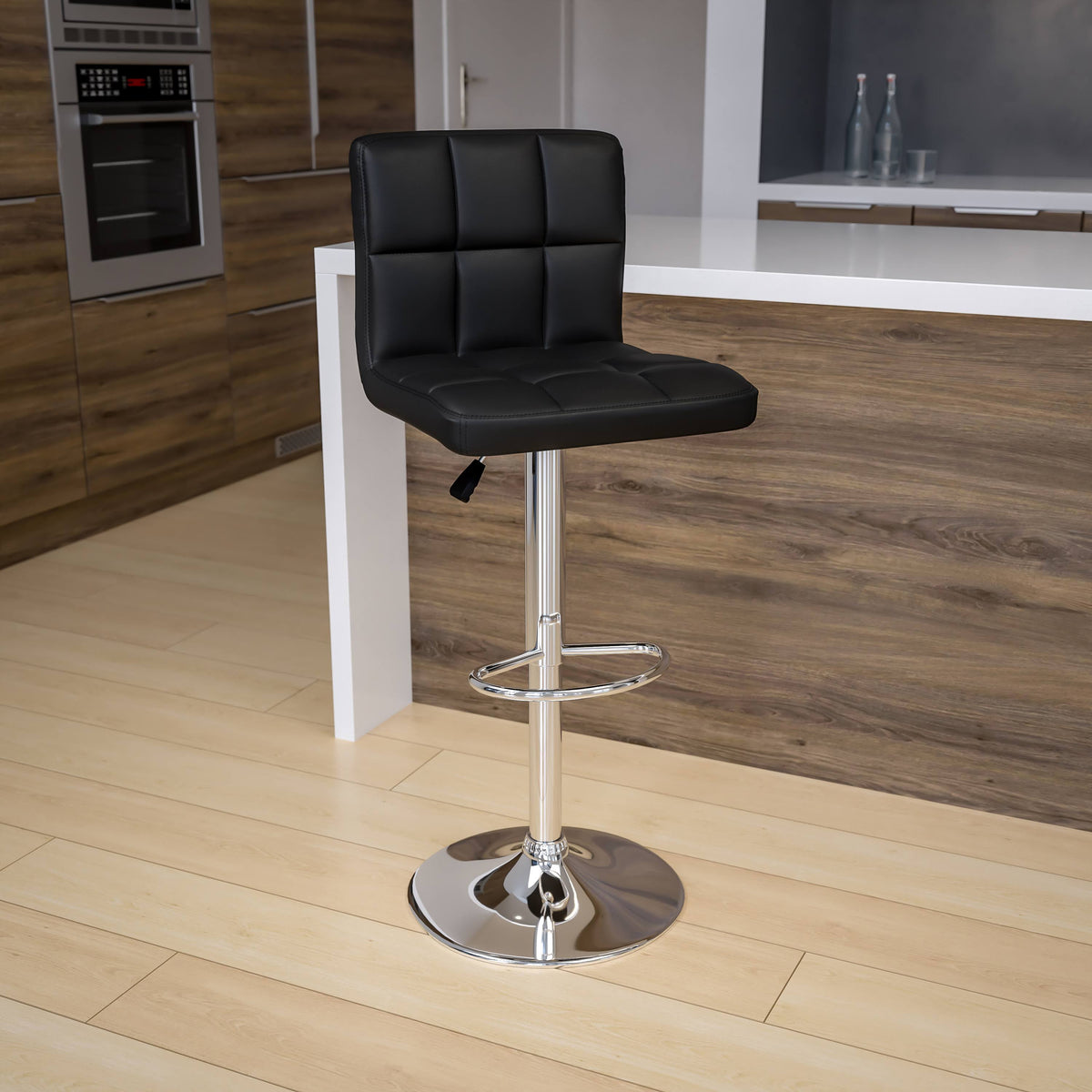 Black Quilted Vinyl Adjustable Height Barstool with Chrome Base D2765