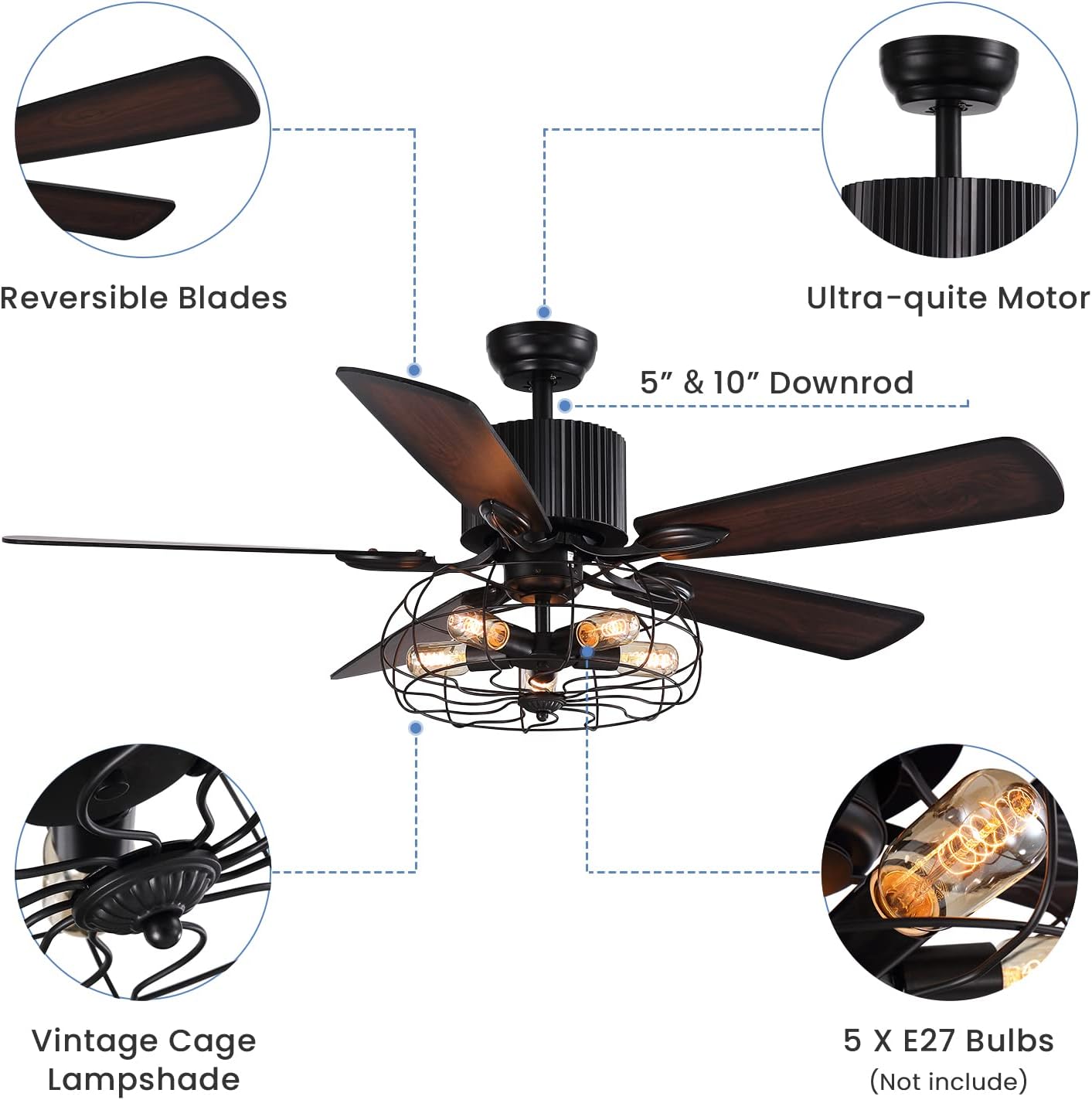 52" Vintage Industrial Ceiling Fan with Light Remote, 5 Reversible Blades Black Cage Q490