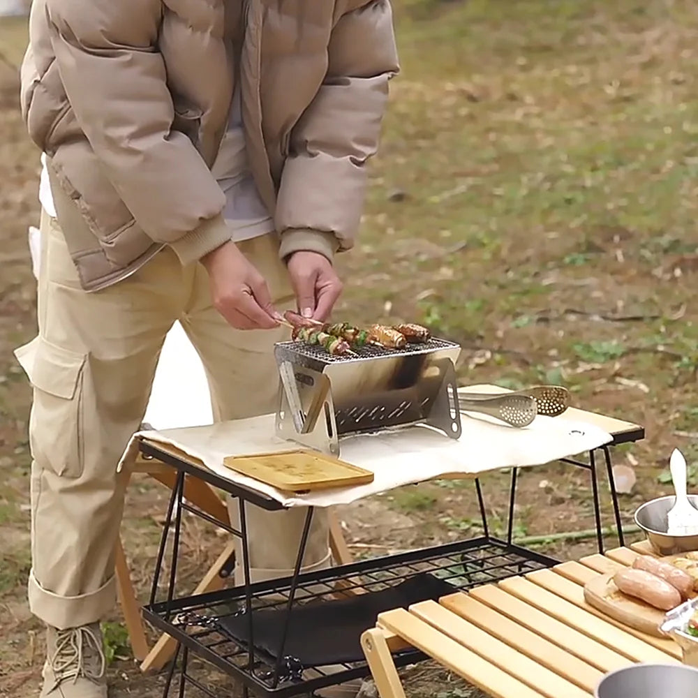 Portable Folding Stainless Steel Camping Wood Burning Stove with Grill Plate N3045