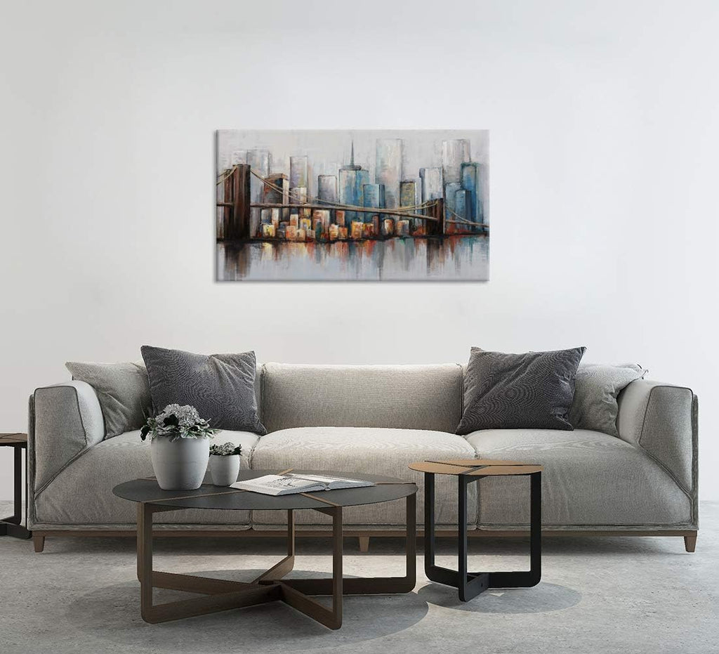 Abstract Cityscape Canvas Wall Art Brooklyn Bridge New York Skyline Buildings Picture Artwork Stretched and Framed Ready to Hang 20x36inch D6366