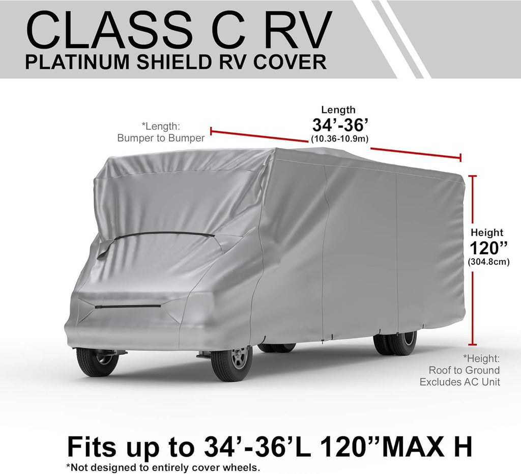 Weatherproof RV Cover for Class C RV 34' - 36' Long with Fleece Lining, Cable Lock, Storage Bag & Wind Straps A965393
