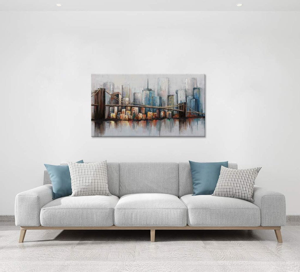 Abstract Cityscape Canvas Wall Art Brooklyn Bridge New York Skyline Buildings Picture Artwork Stretched and Framed Ready to Hang 20x36inch D6366