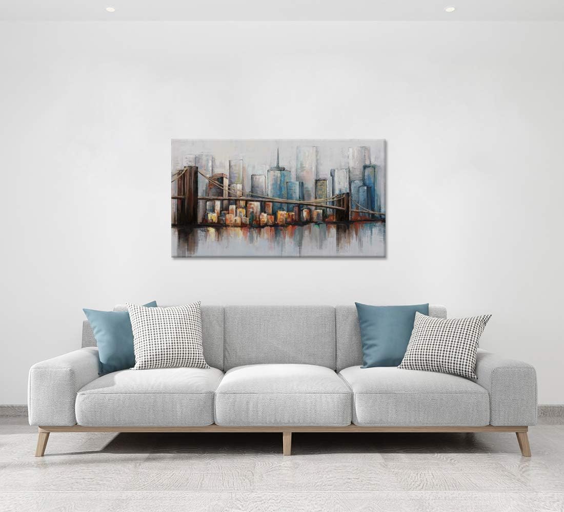 Abstract Cityscape Canvas Wall Art Brooklyn Bridge New York Skyline Buildings Picture Artwork Stretched and Framed Ready to Hang 20x36inch D6366