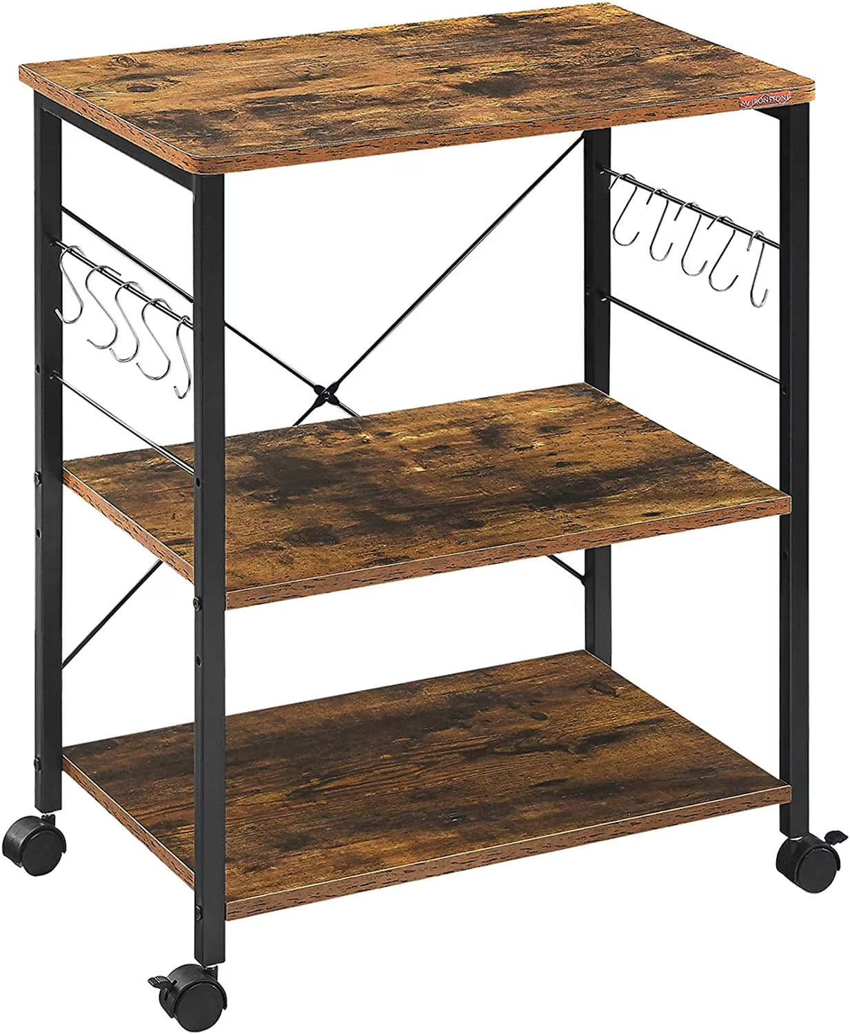 3-Tier Kitchen Utility Storage Shelf with Rolling Wheels, 10 Hooks, Brown F91160