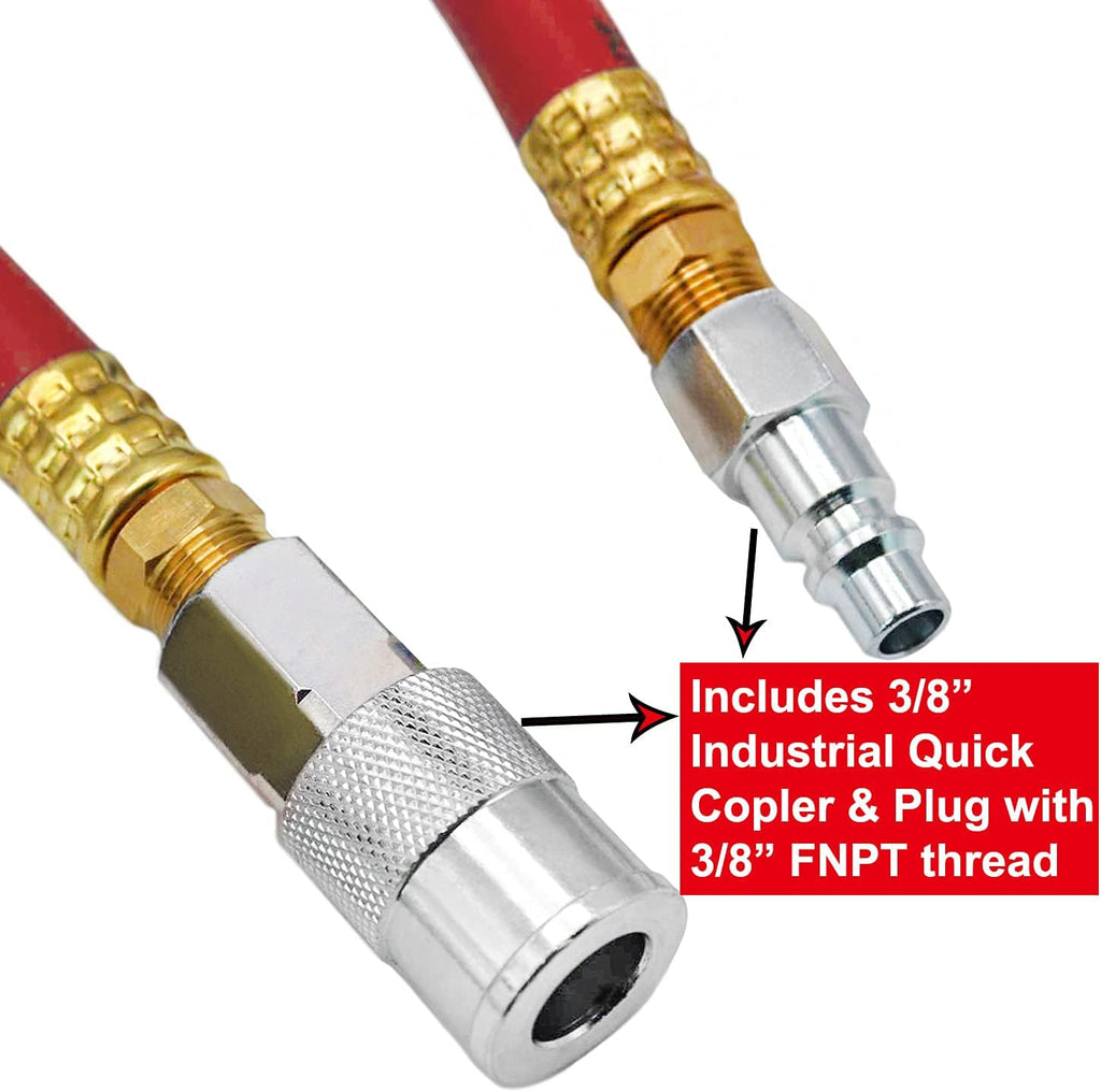 Hybrid Air Hose 1/2-Inch I.D. by 25-Feet Long Solid Brass Fitting 300 PSI with 3/8" and 1/4" Industrial Quick Coupler Connectors, Red Pack of 2 L27317