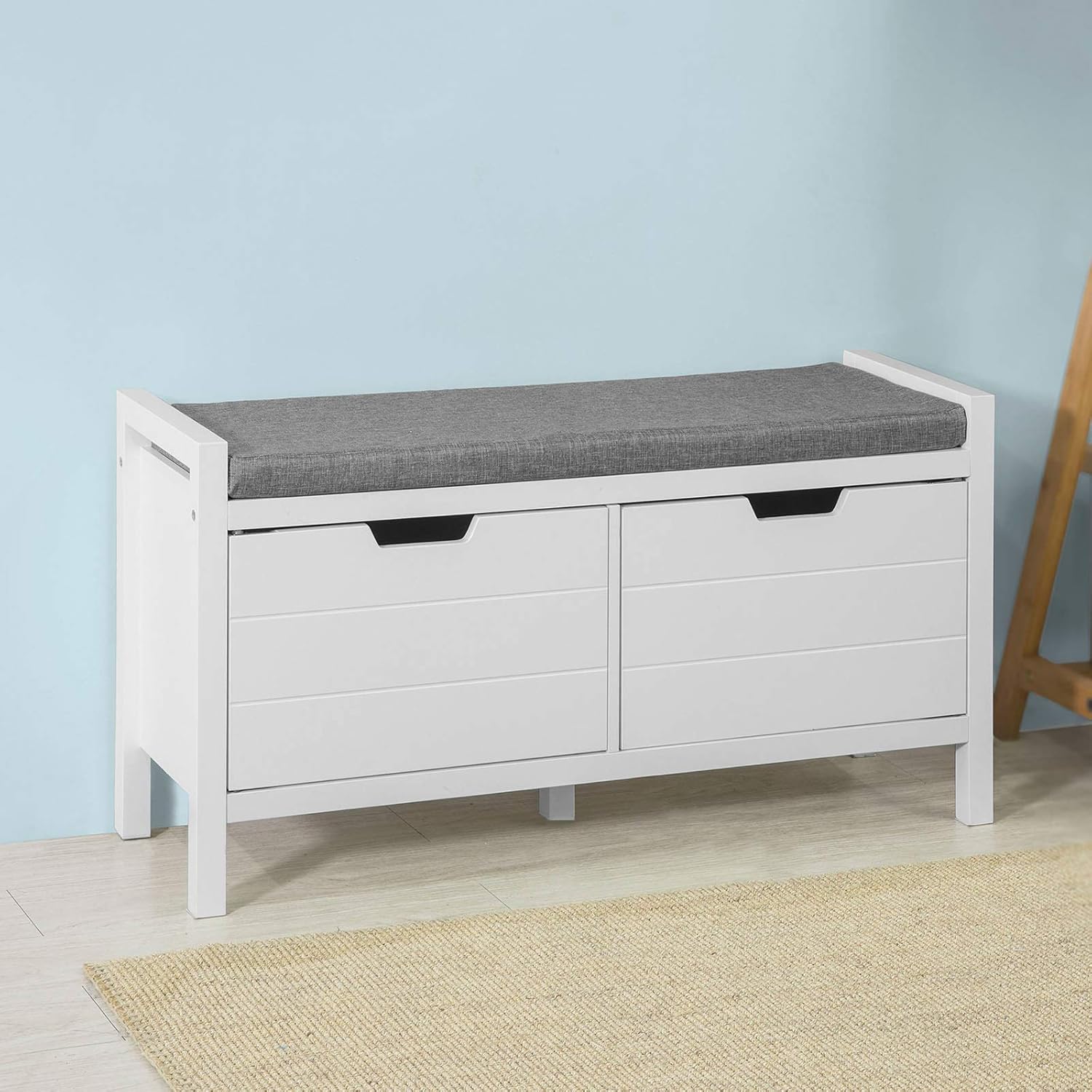 White Storage Bench with Drawers & Padded Seat Cushion B738346