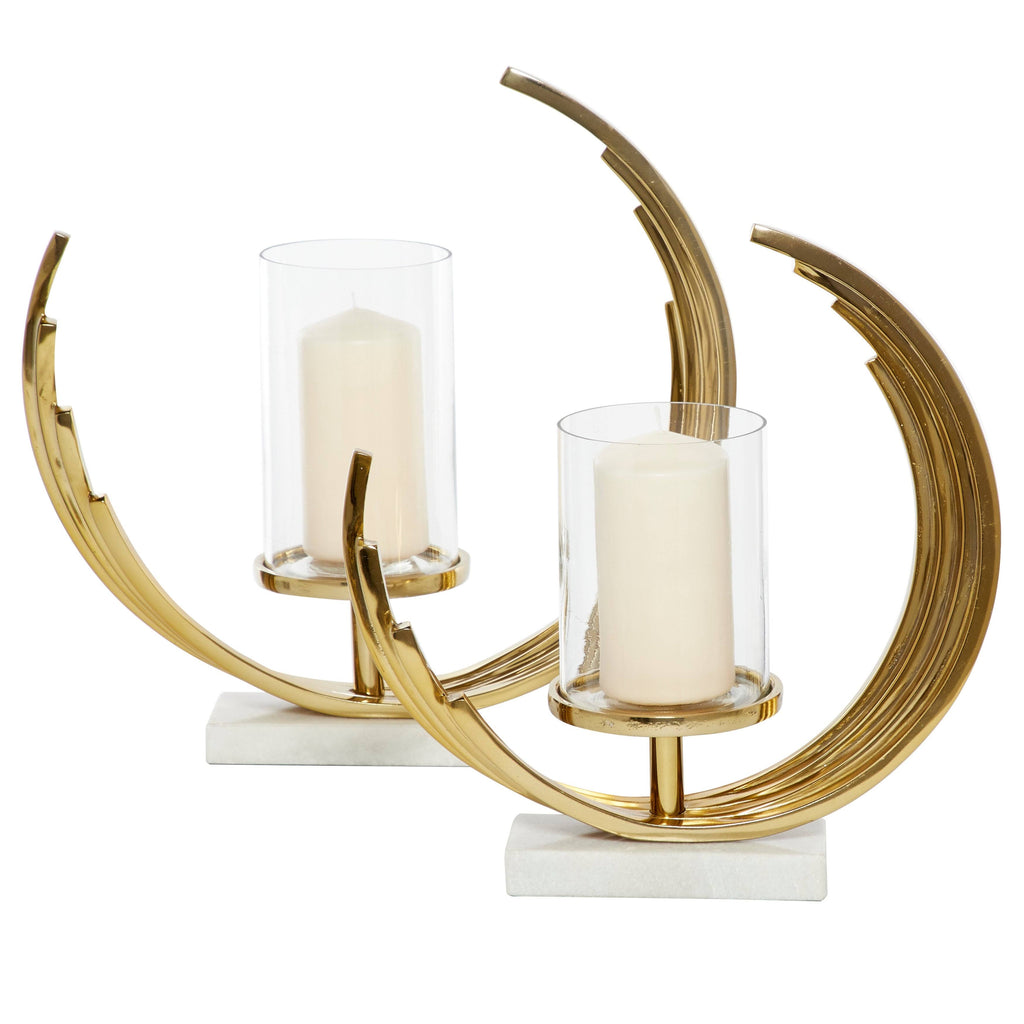 Set of 2 Gold-Tone Metal Candle Holders with Marble Bases J48962