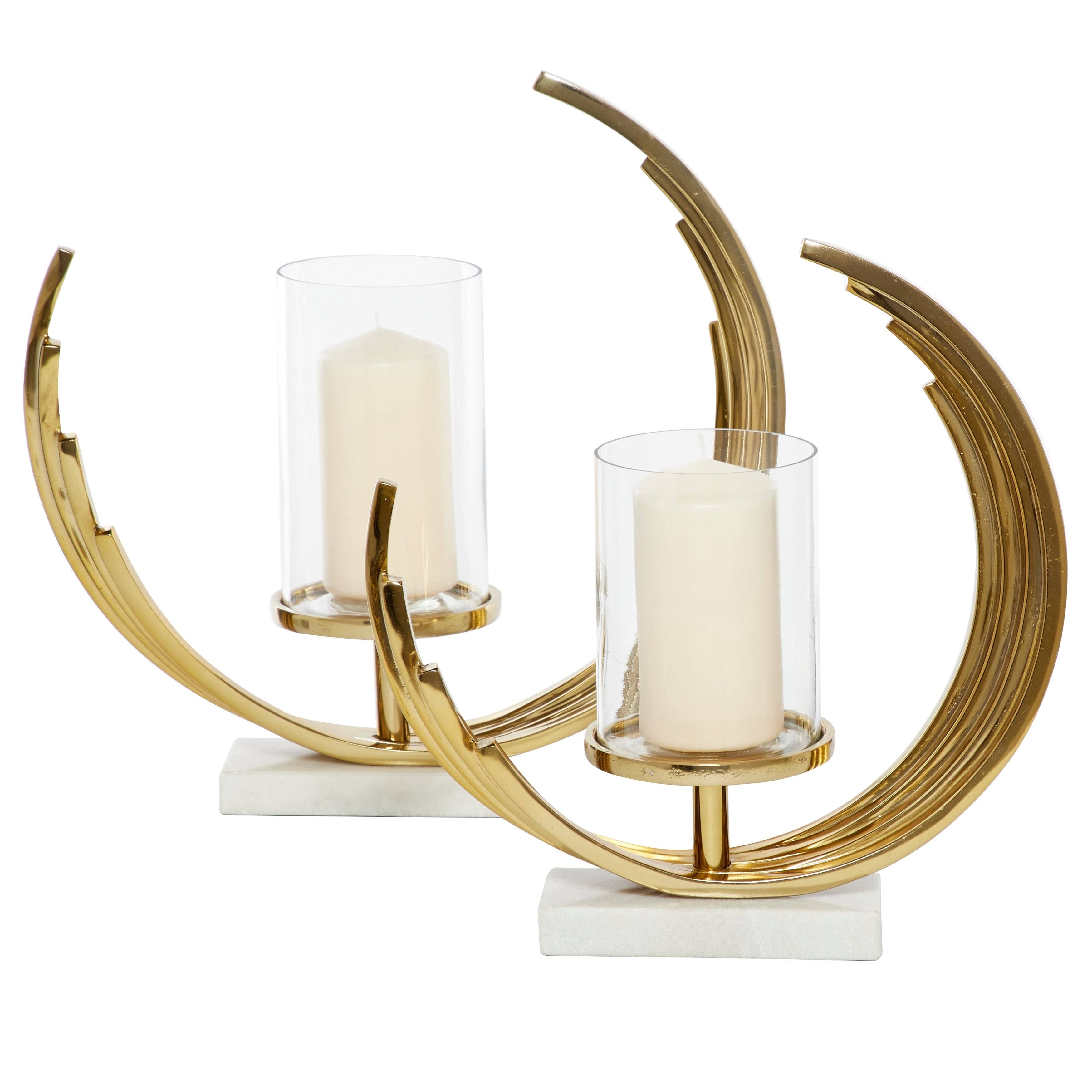 Set of 2 Gold-Tone Metal Candle Holders with Marble Bases J48962