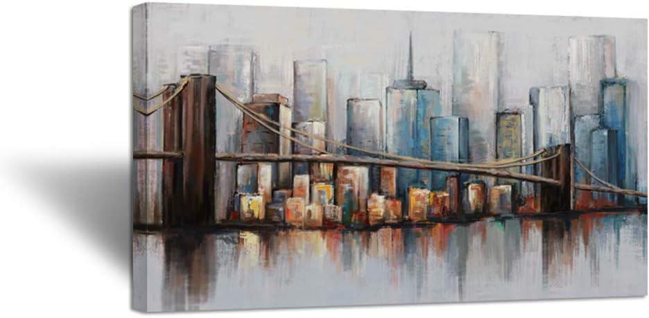 Abstract Cityscape Canvas Wall Art Brooklyn Bridge New York Skyline Buildings Picture Artwork Stretched and Framed Ready to Hang 20x36inch D6366