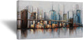 Abstract Cityscape Canvas Wall Art Brooklyn Bridge New York Skyline Buildings Picture Artwork Stretched and Framed Ready to Hang 20x36inch D6366