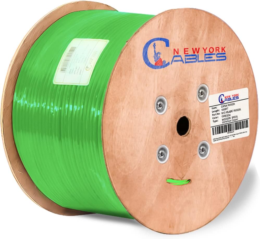 Cat6a Riser Bulk Ethernet Cable 1000ft CMR Rated Spool Solid Bare Copper 23AWG UTP Black B7262