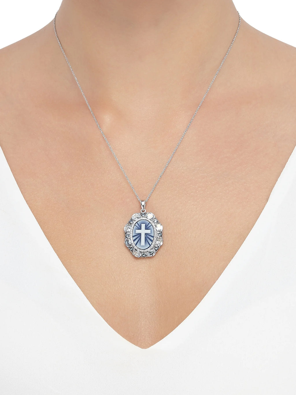 Blue Cross Oval Cameo Crystal Pendant in Sterling Silver, 18'' N6566