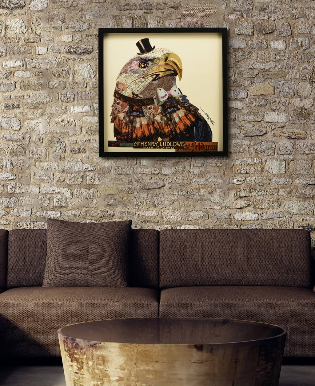 Hand Made Signed Art Collage Under Tempered Glass in Black Frame Q770