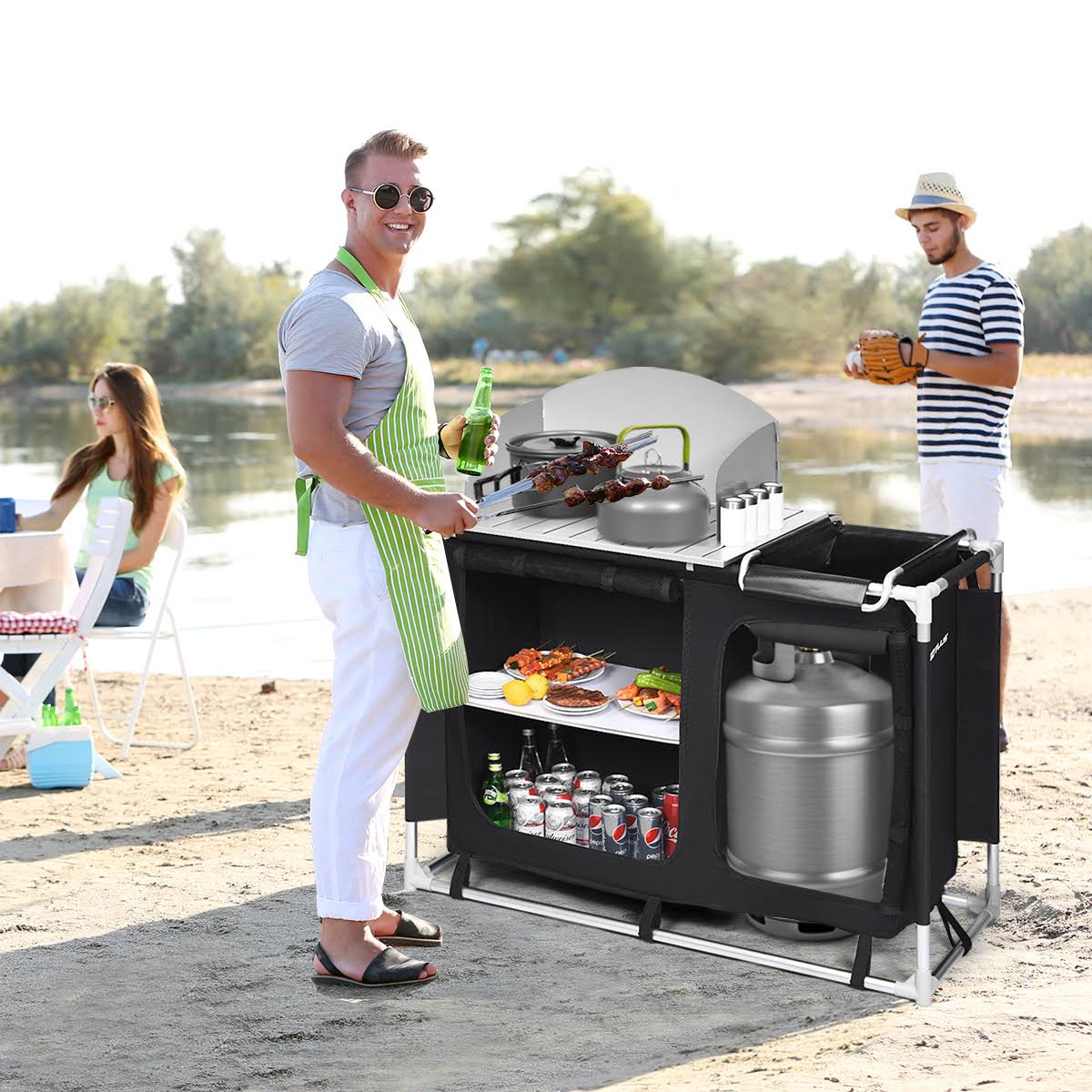 Portable BBQ Camping Grill Table Kitchen Sink Station I69294