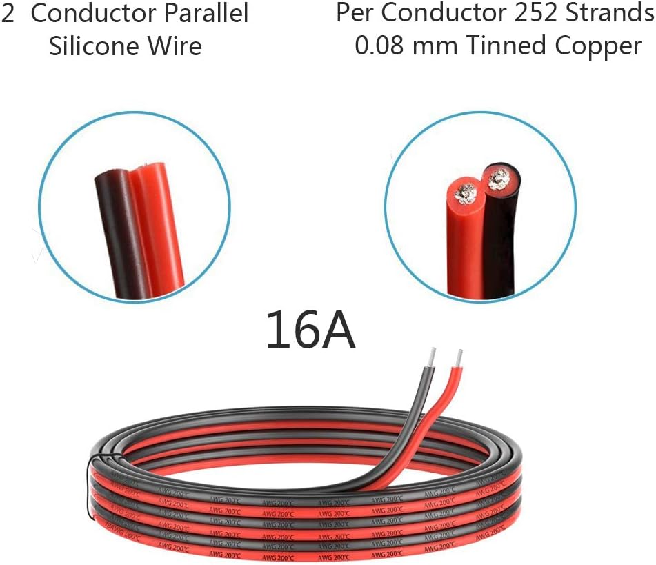 8 Gauge Silicone 2 Conductor Parallel Cable, 33ft, Red Black J408019