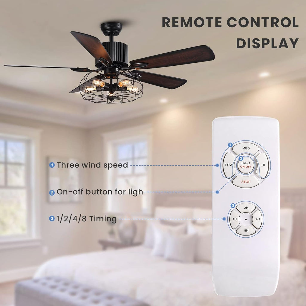 52" Vintage Industrial Ceiling Fan with Light Remote, 5 Reversible Blades Black Cage Q490