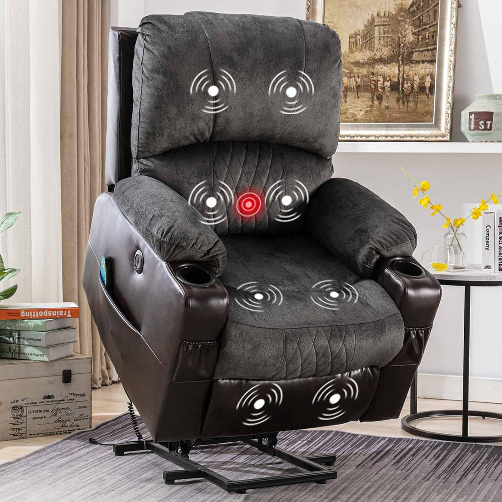 Grey Power Lift Recliner Chair with Heated and Vibration Massage, USB Port, 2 Cup Holders J41517