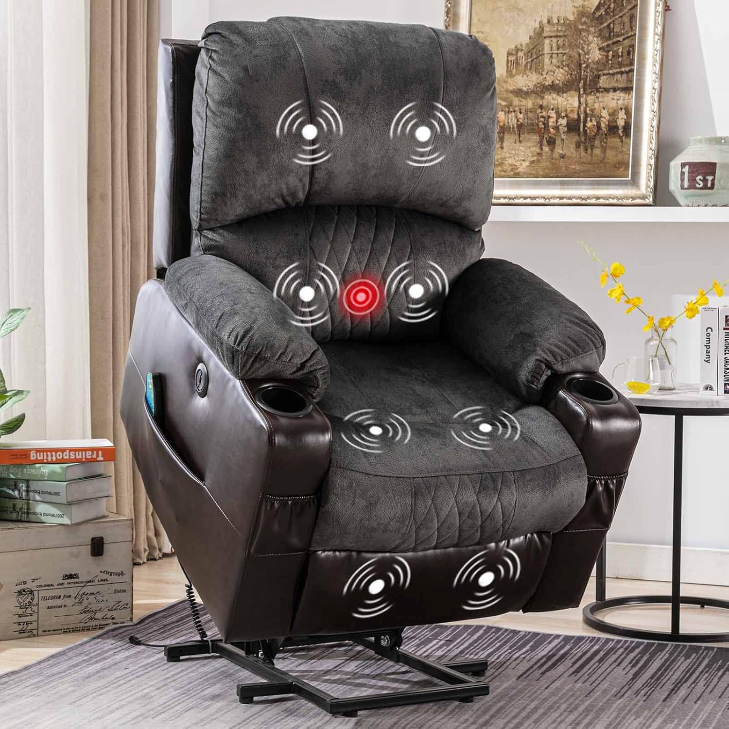 Grey Power Lift Recliner Chair with Heated and Vibration Massage, USB Port, 2 Cup Holders J41517