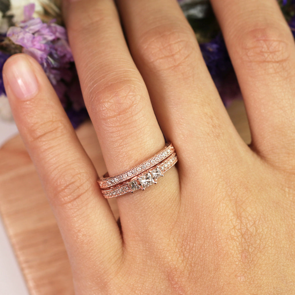 18K Rose Gold over Silver Three Stone Ring Set H47200