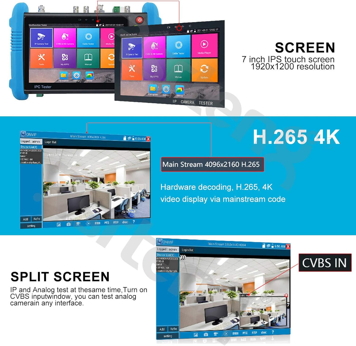 7-inch IPS Touch Screen CCTV Tester with HD-TVI HD-CVI AHD SDI IP Camera Support POE WIFI 4K H.265 HDMI Z50247