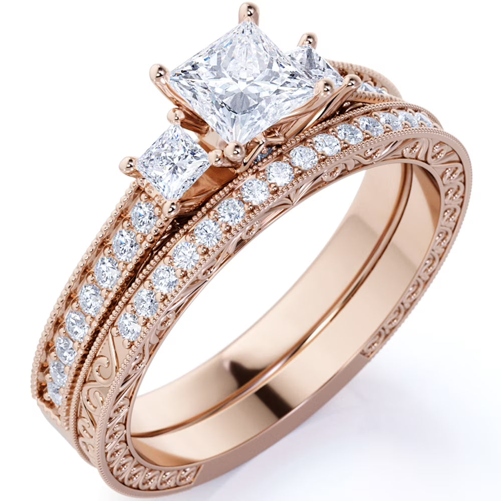 18K Rose Gold over Silver Three Stone Ring Set H47200