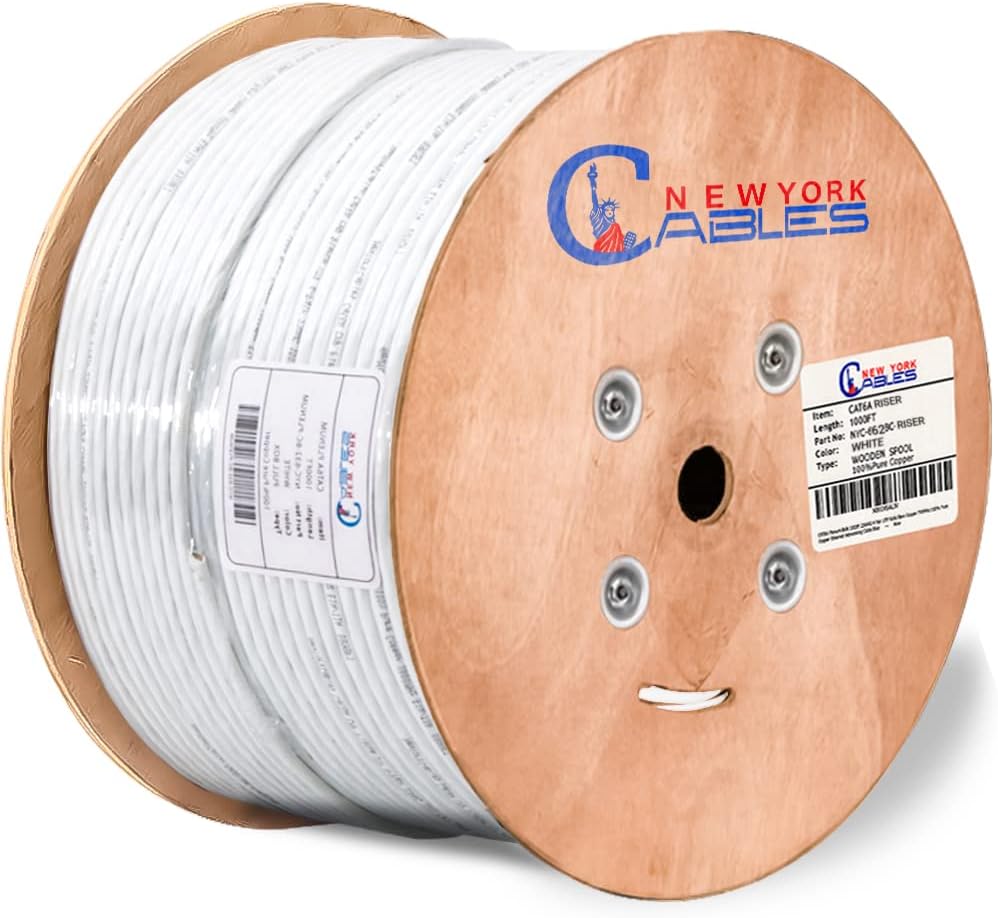 Cat6a Riser Bulk Ethernet Cable 1000ft CMR Rated Spool Solid Bare Copper 23AWG UTP Black B7262